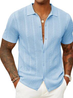Men’s Light Blue Knit Button-Down Polo Summer Beach Casual Top Shirt